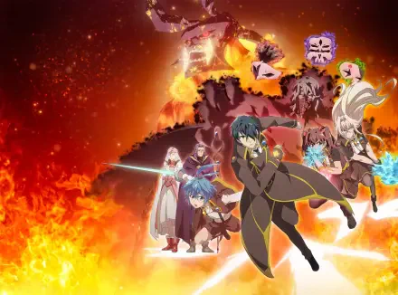 A Returner's Magic Should Be Special — HD anime desktop wallpaper showing characters wielding swords and magic amid raging flames.