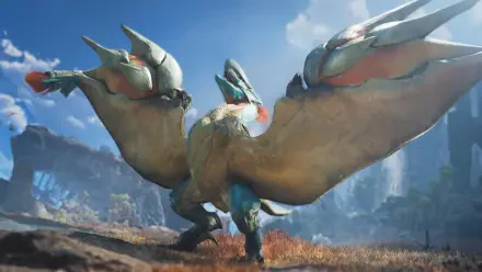 Ascendance dragon from Monster Hunter Wilds stands with wings unfurled over a sunlit wildland — 4K Ultra HD PC desktop wallpaper/background.