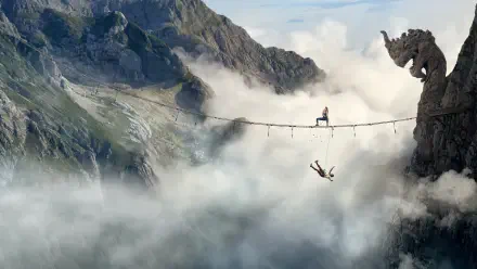Fall 2: Deadpoint - 4K Ultra HD PC desktop wallpaper: a lone figure on a narrow suspension bridge over clouds as another plunges into mist between jagged mountain peaks and a stone gargoyle.