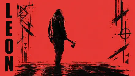 Leon S. Kennedy silhouette with an axe on a blood-red backdrop, stylized Resident Evil and Resident Evil Requiem 5K Ultra HD PC desktop wallpaper.
