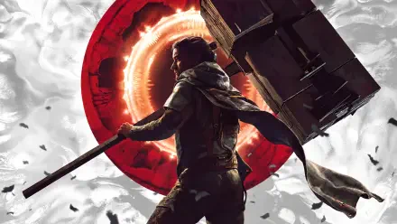 Control Resonant: Dylan Faden as a warrior wielding a massive sword before a glowing red portal — 4K Ultra HD PC desktop wallpaper background.