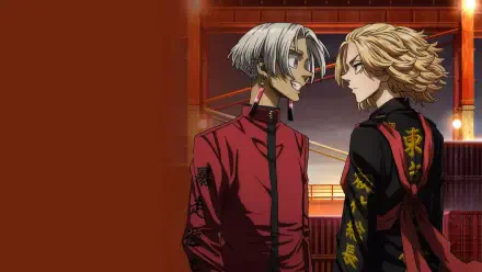 Tokyo Revengers 4K Ultra HD PC desktop wallpaper: two rivals face off in a red-lit corridor — silver-haired in a red jacket and blond in a black jacket with kanji.