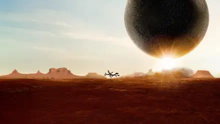 Coyote vs Acme 4K Ultra HD PC desktop wallpaper: silhouetted coyote runs across a red desert as a colossal Acme sphere looms above the sunrise horizon.