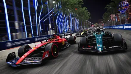 F1 race cars battling at night on a neon city circuit, dynamic close-up action shot — 4K Ultra HD PC Desktop Wallpaper and Background.
