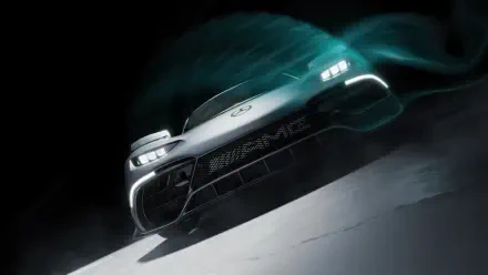 Low-angle front view of a Mercedes‑Benz AMG car with teal motion trails on a dark backdrop — 4K Ultra HD PC desktop wallpaper and background.