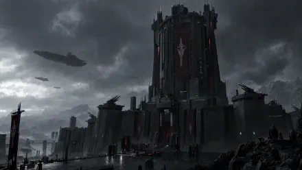 Dark fortified tower looms over a sprawling fortress and stormy cityscape under heavy clouds, 4K Ultra HD PC desktop wallpaper and background.