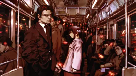 Serial Experiments Lain — Lain Iwakura amid subway passengers on a dim, crowded train, glowing handheld lights; 4K Ultra HD PC desktop wallpaper.