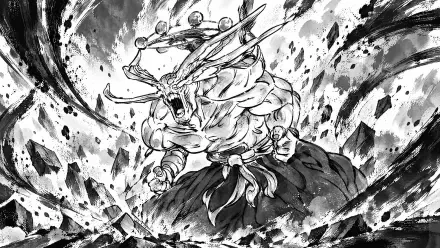 4K Ultra HD PC desktop wallpaper depicting Mahoraga (Jujutsu Kaisen): a roaring, multi-limbed demon monster amid explosive debris and swirling black energy in high-contrast monochrome.