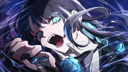 4K Ultra HD anime desktop wallpaper of a fierce blue-eyed girl shouting, dark hair with teal streaks, dynamic lighting—styled after Ado (Nico Nico singer) and Ado's Best Adobum.