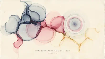 Abstract watercolor circles in soft pink, blue and gold with International Women's Day — March 8 text, styled as a 2K Quad HD PC desktop wallpaper background.