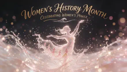 2K Quad HD PC desktop wallpaper: Women's History Month — luminous woman figure rising from swirling light and stars, with the words Celebrating Women's Power.
