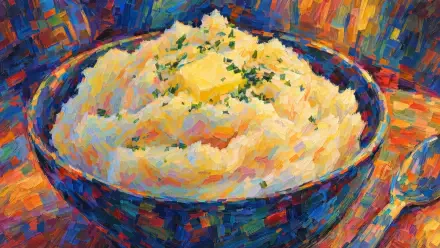 4K Ultra HD desktop wallpaper: painterly bowl of mashed potatoes topped with butter and herbs, rice-like textured brushstrokes in vivid colors, food background.