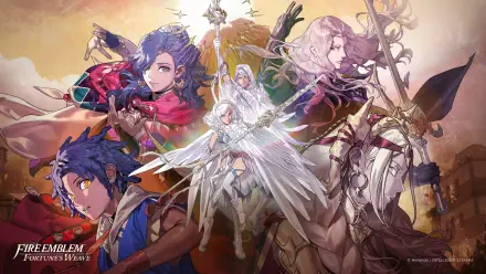 HD PC desktop wallpaper and background: Fire Emblem: Fortune's Weave — radiant, golden-hued illustration of armored heroes surrounding a luminous winged figure.