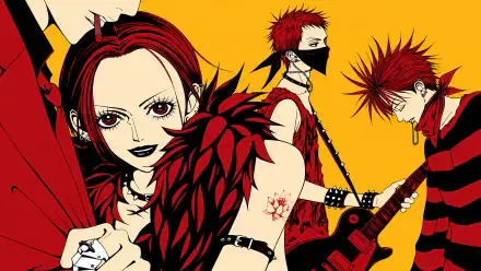 4K Ultra HD PC wallpaper: Nana Osaki and Black Stones bandmates in anime style, red-and-black outfits and electric guitars against a vivid yellow background.