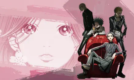 4K Ultra HD anime PC wallpaper: Nana Komatsu's pink-toned close-up fills the background while the Black Stones members pose around a red armchair.