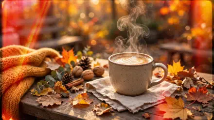 Steaming cup of coffee on a wooden table surrounded by autumn leaves, pinecones and a cozy knit throw — HD PC desktop wallpaper and background.