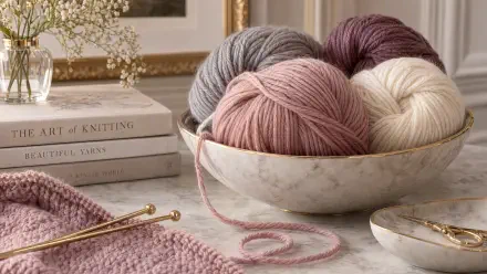 4K Ultra HD PC desktop wallpaper background showing a serene knitting scene: pastel yarn balls in a bowl, gold knitting needles, a knit swatch and knitting books.