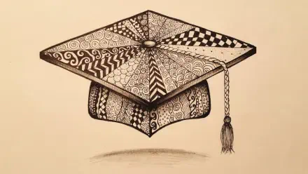 Hand-drawn graduation cap (mortarboard) with intricate black-ink patterns and tassel on a sepia backdrop — 2K Quad HD PC desktop wallpaper/background.