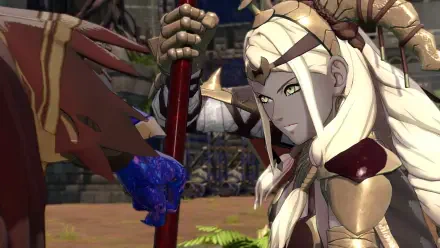 Fire Emblem: Fortune's Weave anime 4K PC wallpaper — blonde armored woman with horned headpiece holding a red staff, confronting a blue-gloved figure.