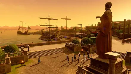 HD PC desktop wallpaper of Fire Emblem: Fortune's Weave — a golden harbor at sunset with moored ships, quay steps and a large statue overlooking the bay.