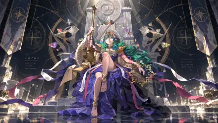 4K Ultra HD PC desktop wallpaper: Sothis from Fire Emblem: Fortune's Weave — a green‑haired queen in an ornate crown and flowing purple gown seated on a grand throne amid celestial motifs.