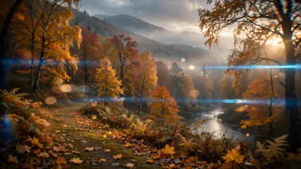 HD PC desktop wallpaper: autumn fall landscape — forested mountain river with golden trees and fallen leaves, misty light and distant peaks.