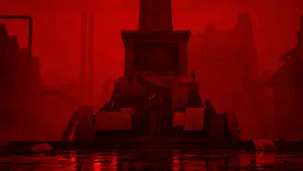 Silent Hill: Townfall 4K Ultra HD PC wallpaper — a blood-red cityscape centered on a monolithic monument tower rising from flooded streets.