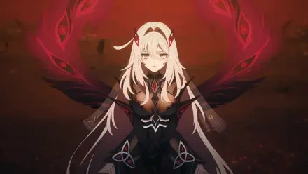 HD PC desktop wallpaper of Ronova (Genshin Impact): an anime horned girl with long white hair, a dark outfit and glowing red wing-like shadows against a blood-red, moody background.