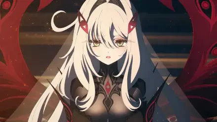 HD PC desktop wallpaper of Ronova (Genshin Impact): pale-haired anime girl with red horn-like hair ornaments, ornate dark armor and glowing amber eyes on a red-black backdrop.