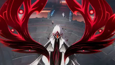 HD PC wallpaper of Ronova (Genshin Impact) portrayed as a demon with sweeping red-black wings, seen from above as she looms over a circular arena.