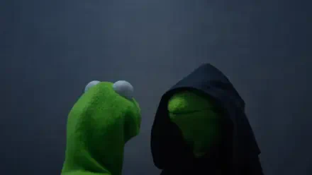 Evil Kermit meme: green Kermit puppet confronts his hooded dark self in a moody scene, rendered as a 4K Ultra HD PC desktop wallpaper and background.