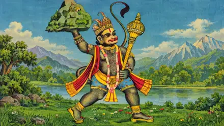 4K Ultra HD PC desktop wallpaper of Lord Hanuman, Hindu god, lifting a mountain and holding a mace against a lush riverside with snow-capped peaks.