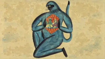Surreal painting of Lord Hanuman cradling a miniature Lord Ram within his chest, rendered as a 4K Ultra HD PC desktop wallpaper and background.