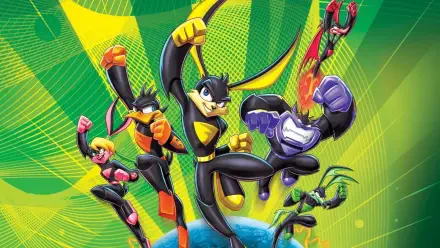 Loonatics Unleashed: five futuristic heroes leaping against a dynamic green-yellow burst — HD PC desktop wallpaper and background.