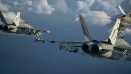 HD PC desktop wallpaper of Ace Combat 8: Wings of Theve jet fighters in tight formation over clouds, close-up on military aircraft engines and wing-mounted missiles.