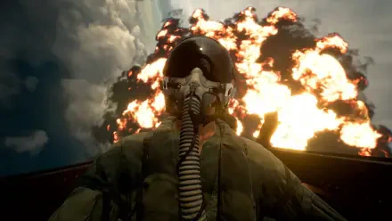 HD PC desktop wallpaper: Ace Combat 8: Wings of Theve pilot in flight suit and helmet inside a jet fighter cockpit, a massive explosion erupting behind.
