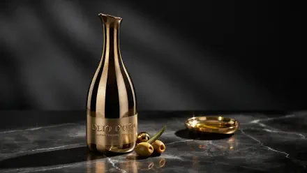 2K Quad HD PC desktop wallpaper: polished golden olive oil bottle, olives and dish on a dark marble surface with dramatic lighting.