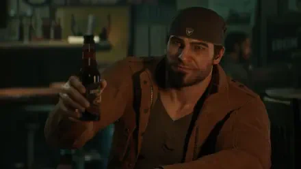 HD PC desktop wallpaper of a man from Gears of War: E-Day — a rugged soldier in a cap raising a beer in a dimly lit bar, atmospheric Gears of War scene.