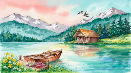 2K Quad HD PC desktop wallpaper: serene lake cabin scene with wooden rowboat at shore, wildflowers, forested mountains and birds under a pastel sky — weekend getaway mood.