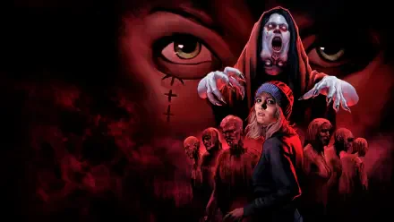 Tenebris Somnia horror wallpaper: possessed girl surrounded by ghostly figures and a looming demonic face, crimson fog and crosses — 4K Ultra HD PC desktop background.