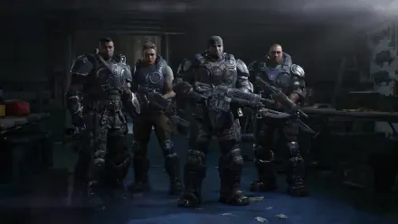 Gears of War: E-Day 2K Quad HD PC wallpaper — Marcus Fenix and three armored Gears soldiers stand in heavy combat armor, weapons ready in a dim bunker.