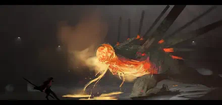 Control Resonant: colossal molten dragon monster unleashing fiery breath across a dark landscape, silhouetted warrior at left — 5K Ultra HD PC desktop wallpaper/background.