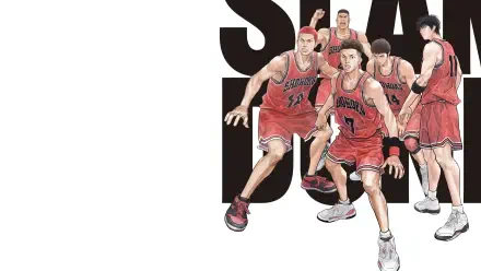 THE FIRST SLAM DUNK 4K Ultra HD PC desktop wallpaper: five basketball players in red jerseys sprinting right on a white background, cropped at the image's right edge.