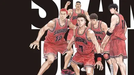 THE FIRST SLAM DUNK anime players in red Shohoku jerseys charging forward, rendered as a 4K Ultra HD PC desktop wallpaper and background.