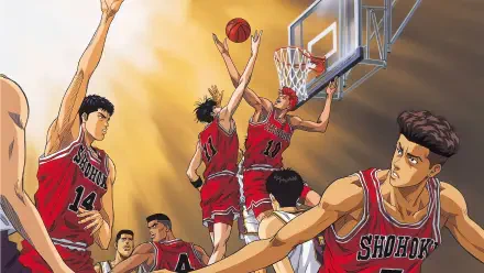 Slam Dunk anime: Shohoku players in red jerseys clash at the rim with a soaring dunk — vibrant 4K Ultra HD PC desktop wallpaper background.