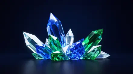 Blue, green and clear crystal gemstones clustered like jewelry on a dark surface, rendered as a 5K Ultra HD PC desktop wallpaper and background.