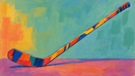 Abstract 4K Ultra HD PC desktop wallpaper showing a vibrant, painterly hockey stick diagonally across teal and coral color fields.