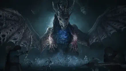 HD PC desktop wallpaper from Dragon's Dogma 2: colossal dragon monster with glowing blue chest and outstretched wings looming over armored figures in a shadowy cavern