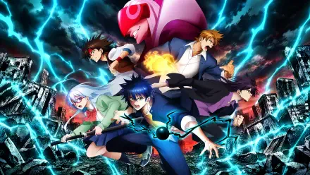 Psyren anime 4K Ultra HD PC desktop wallpaper featuring heroes battling amid electric-blue energy and a shattered city.