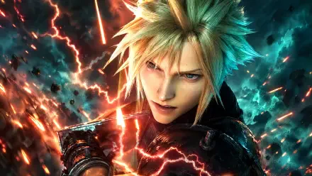 Cloud Strife from Final Fantasy Resonance amid fiery red and teal energy, 4K Ultra HD PC desktop wallpaper and background.